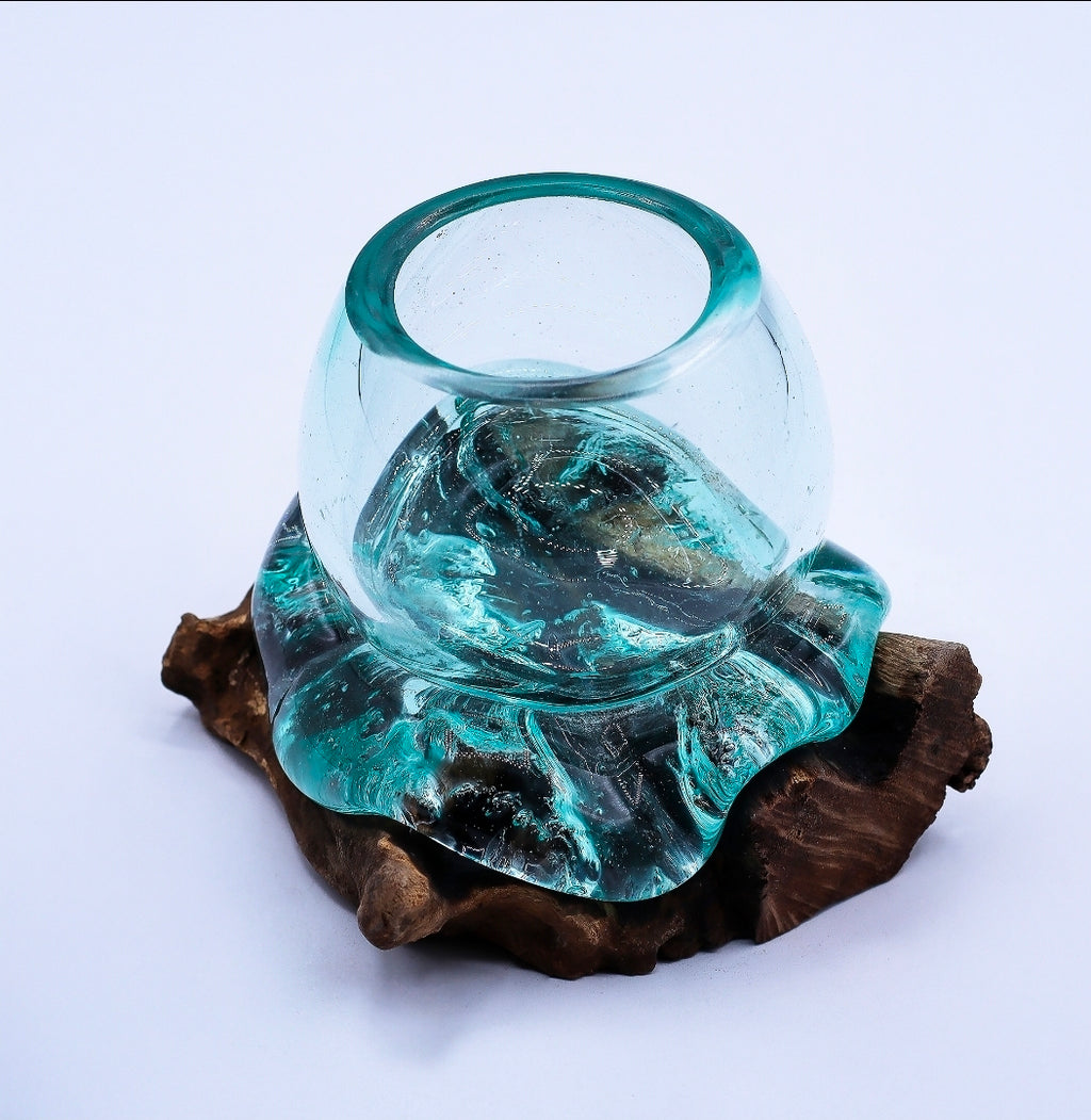 Molten Glass Mini Kom op Hout – Handgemaakt Decoratief Glas