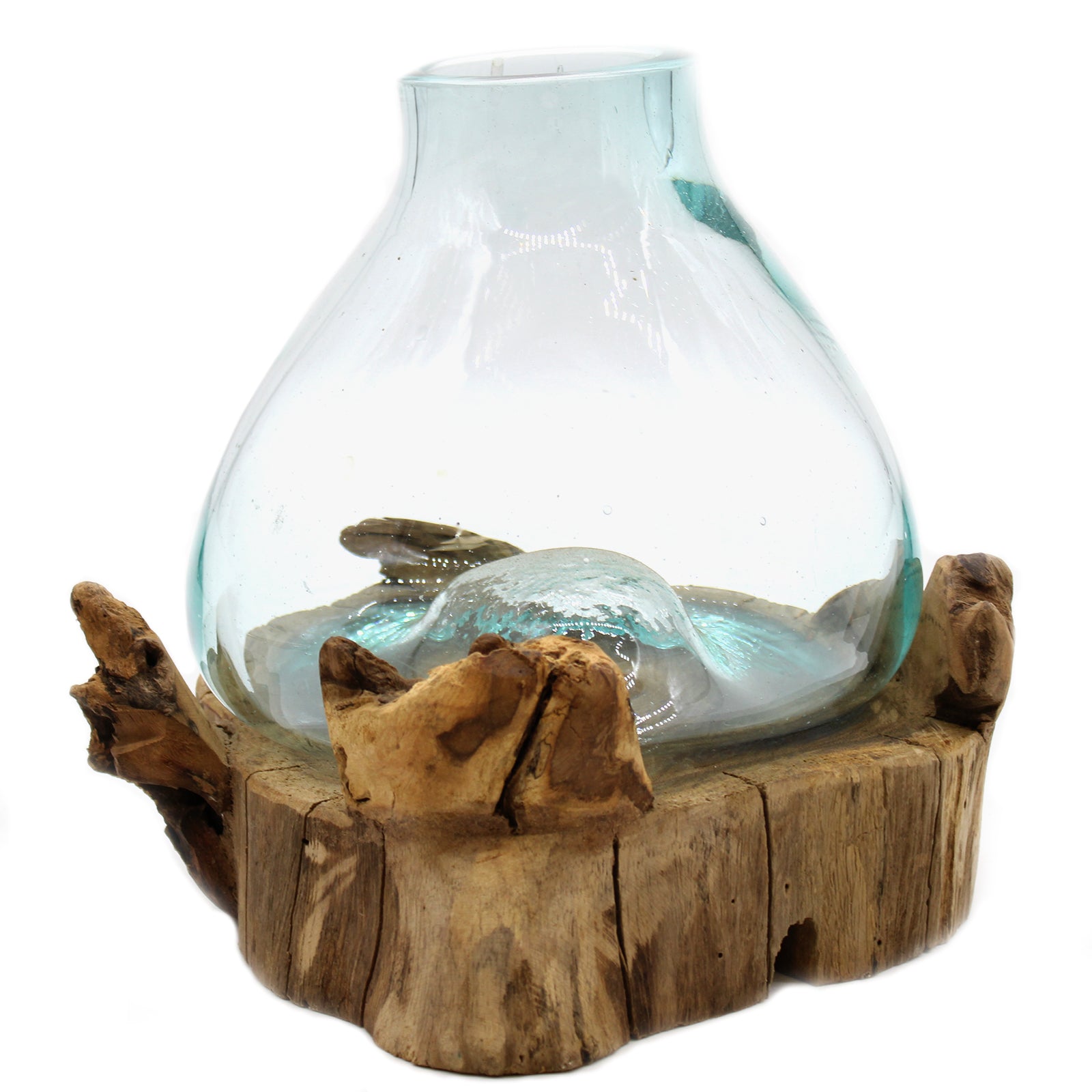 Gesmolten Glazen Grote Viskom op Houten Voet – 3,7 Liter (met ruimte voor verlichting) – 30 cm